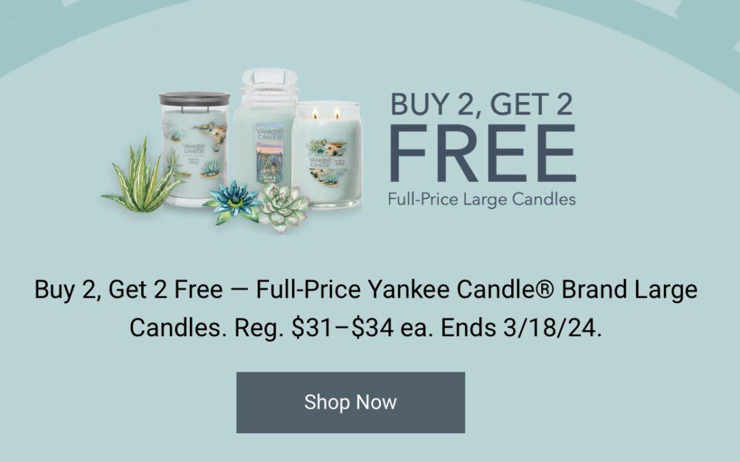 Yankee Candle Sale – 2 FREE Full Size Candles when you Buy 2!